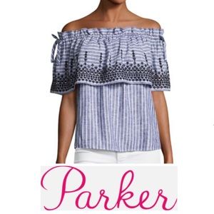 BNWOT $265 PARKER “Cassandra” Off Shoulder Striped Chambray Blouse